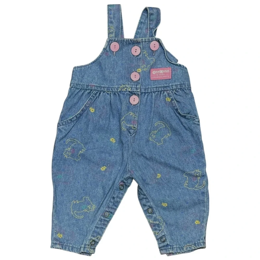 Vtg‎ Oshkosh B'gosh Vestbak USA Blue Denim Cat Flowers Overalls 3/6 Months Baby